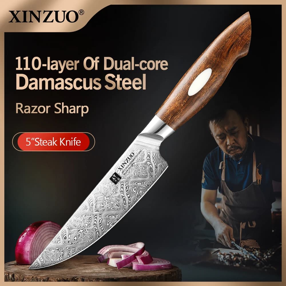 XINZUO Coltello da cucina per bistecche da 5 pollici Super Sharp 110 strati Durezza dell'acciaio di Damasco 60±2 Manico in legno di ferro nel deserto nordamericano