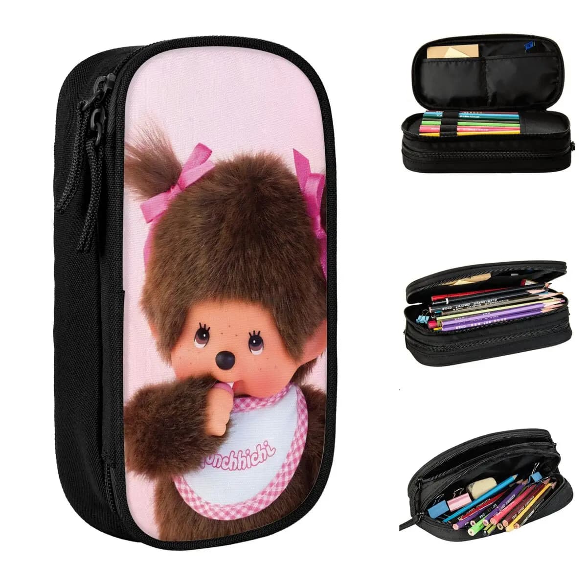 Simpatico astuccio Monchhichi per matite e penne, per bambini e bambine, grande borsa portaoggetti, regali per l'ufficio, cancelleria