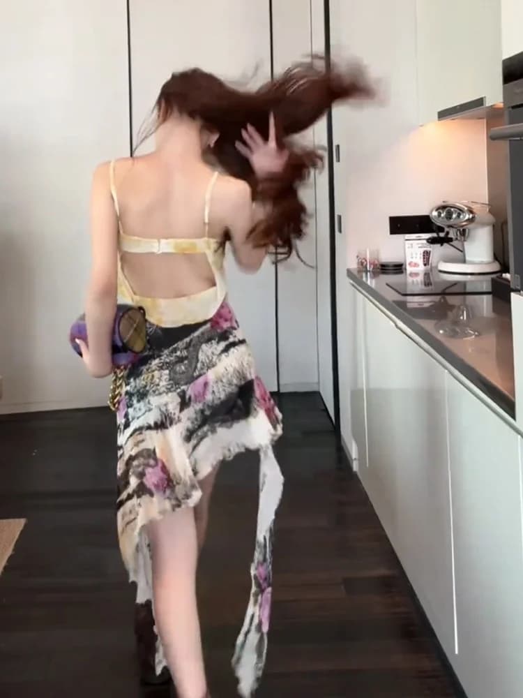 Elegant Pure Desire Asymmetrical Floral Print Strapless Dress Sexy Backless Short Skirt Design Summer High Waist Regular Sleeve