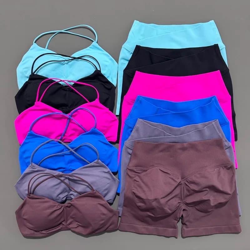 2Piece HISTELLO Sports Set Women Gym Seamless Suspender Gathering Bra High Waist Hip Lifting Belly Tightening Shorts Fitness Set