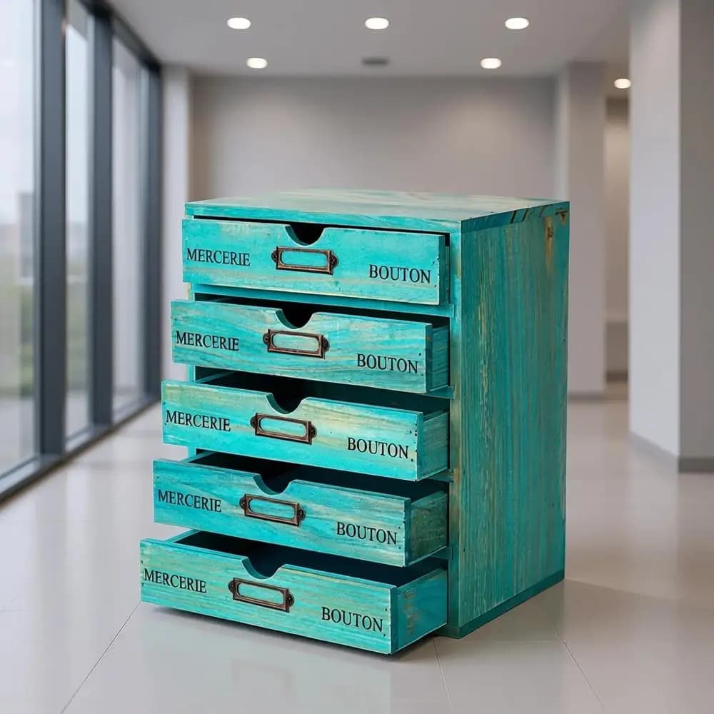 Mobiletto da scrivania in legno verde acqua a 5 livelli con ripiani impilabili e portaetichette