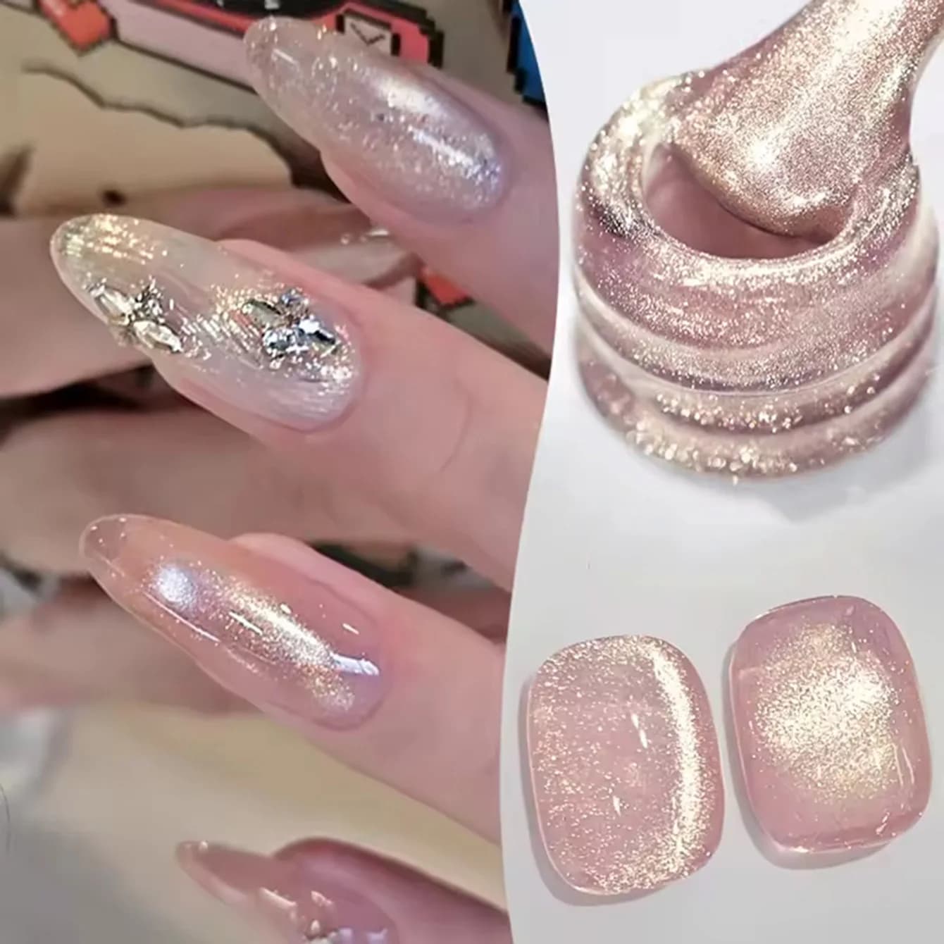 MAINEL 10ML 1Pz Smalto Gel per Unghie Rosa Effetto Occhio di Gatto con Strass e Perline di Vetro Dorate - Smalto di Lusso Discreto