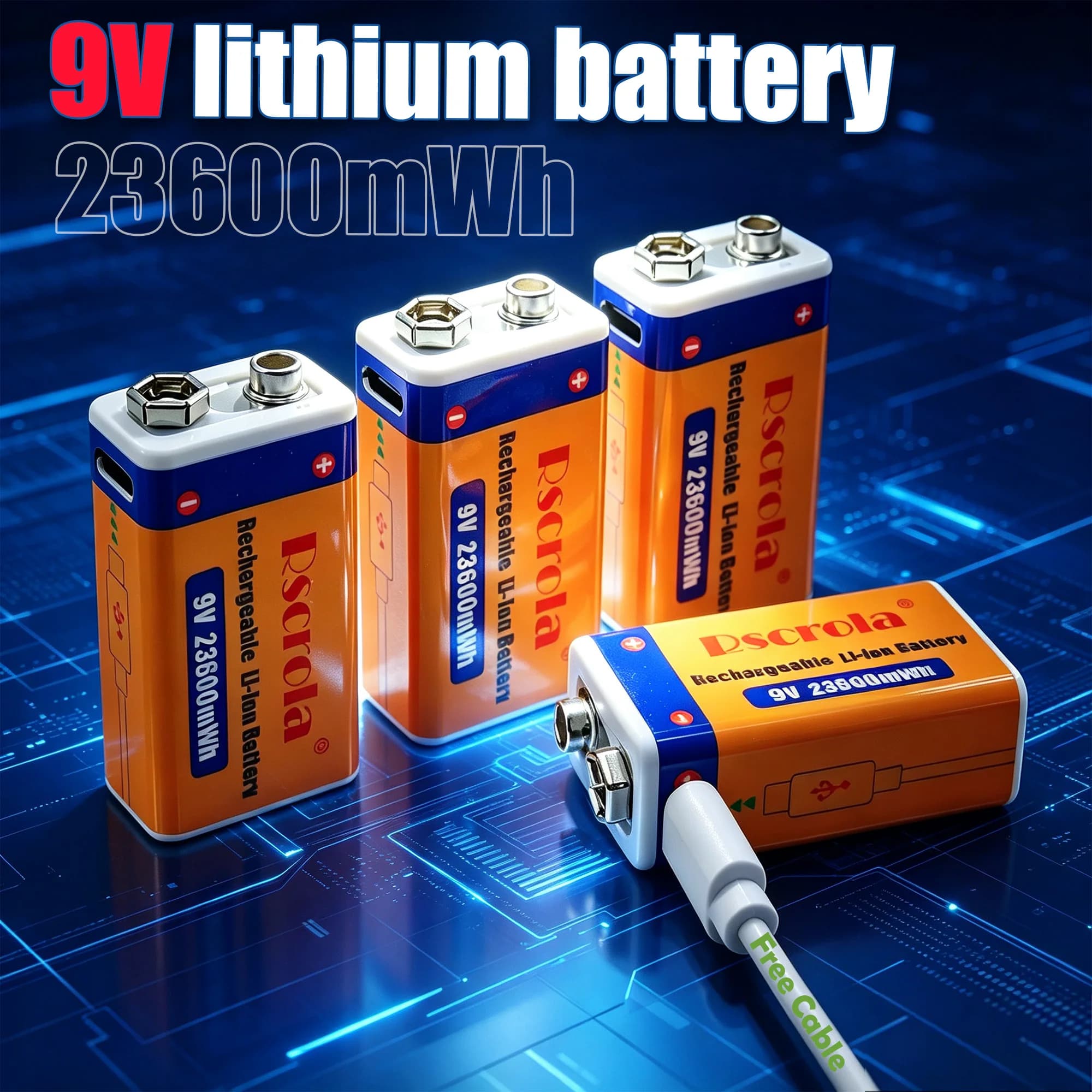 Batteria Ricaricabile 9V 23600mWh USB Type-C, Batteria agli Ioni di Litio 6F22 9V per Elicotteri RC, Multimetri, Giocattoli