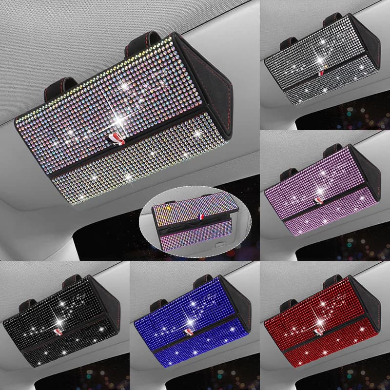 Supporto per occhiali da sole per auto Bling occhiali scintillanti in cristallo custodia per occhiali organizzatore di immagazzinaggio scatola protettiva accessori per auto per le donne