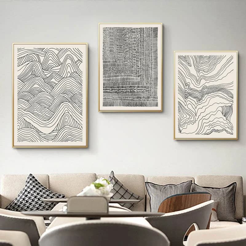Pittura su tela nordica in bianco e nero Linee astratte Montagne lontane e acqua corrente Immagine artistica da parete per l'arredamento del soggiorno