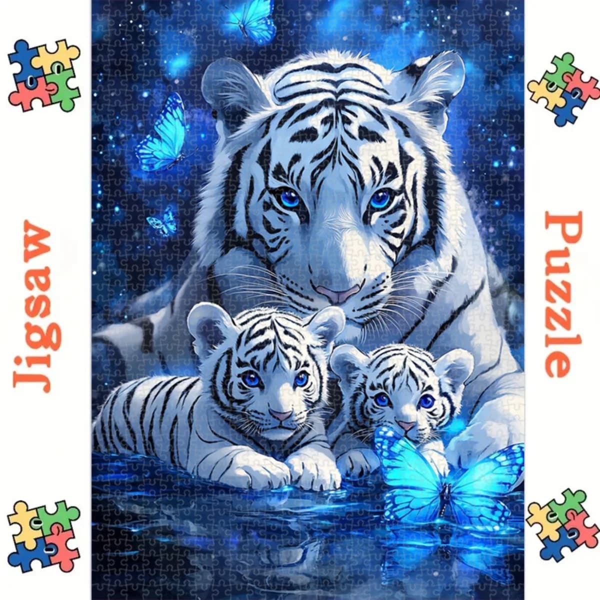 A 1, 000 pezzi di puzzleHalloween Puzzle decorativo per soggiorno Tigre bianca Famiglia Design Effetto bagliore blu 1000 pezzi Puzzle Pu