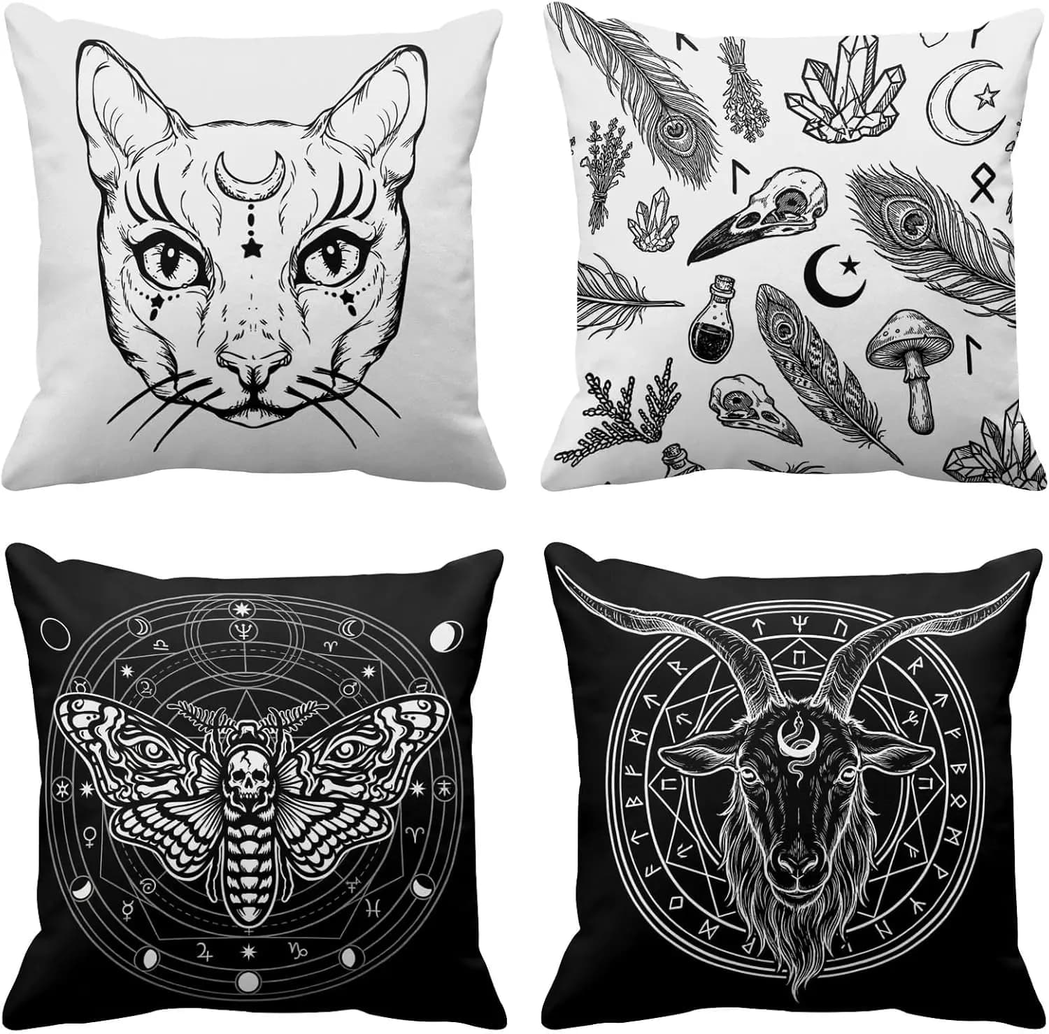 Double Sided Throw Pillow Covers Set Of 4, Gothic Cat Moth Capricorn Feather Cushion Cases For Couch Bed Sofa Home Decor