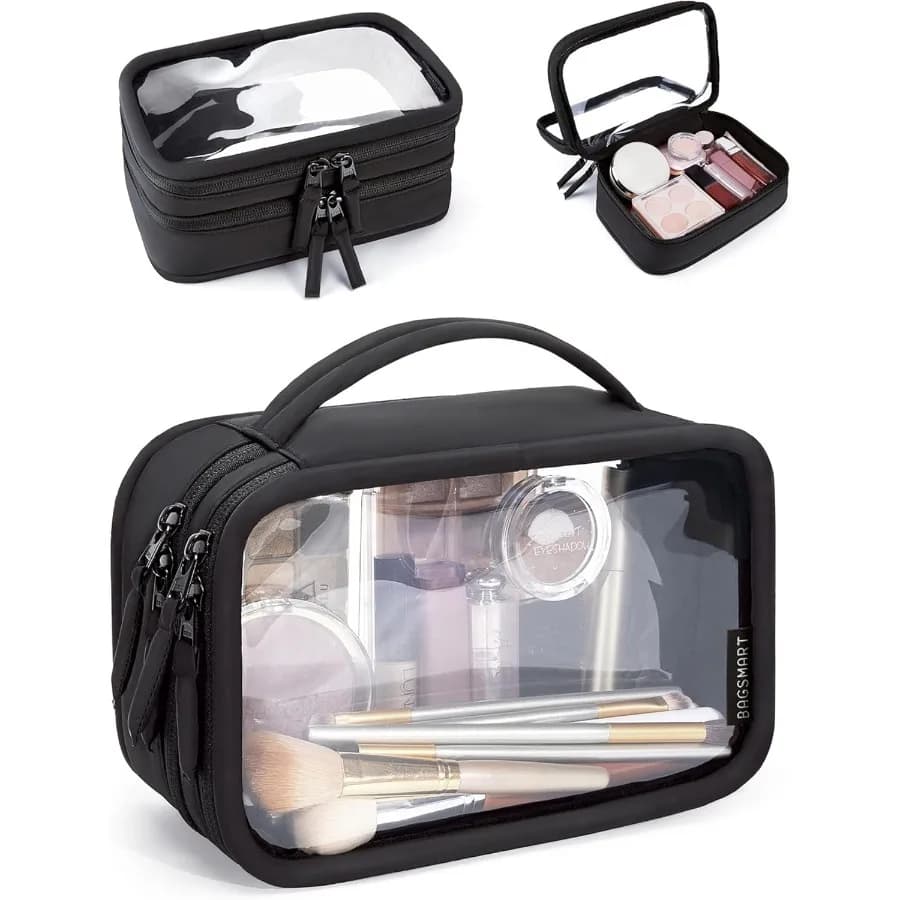 BAGSMART Borsa per trucco trasparente a doppio strato Borsa da toilette approvata TSAA con ampia apertura e maniglia Ba cosmetica da viaggio resistente all'acqua