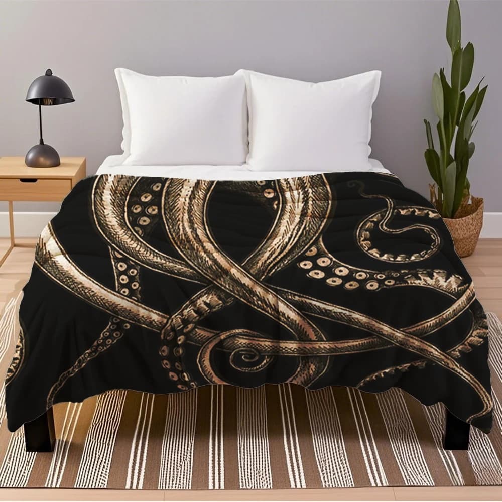 Nautical Flanne Covers Bronze Kraken Daily Use Bed Scarf wrinkle resistant Cover for newborns Bedroom Car Daily