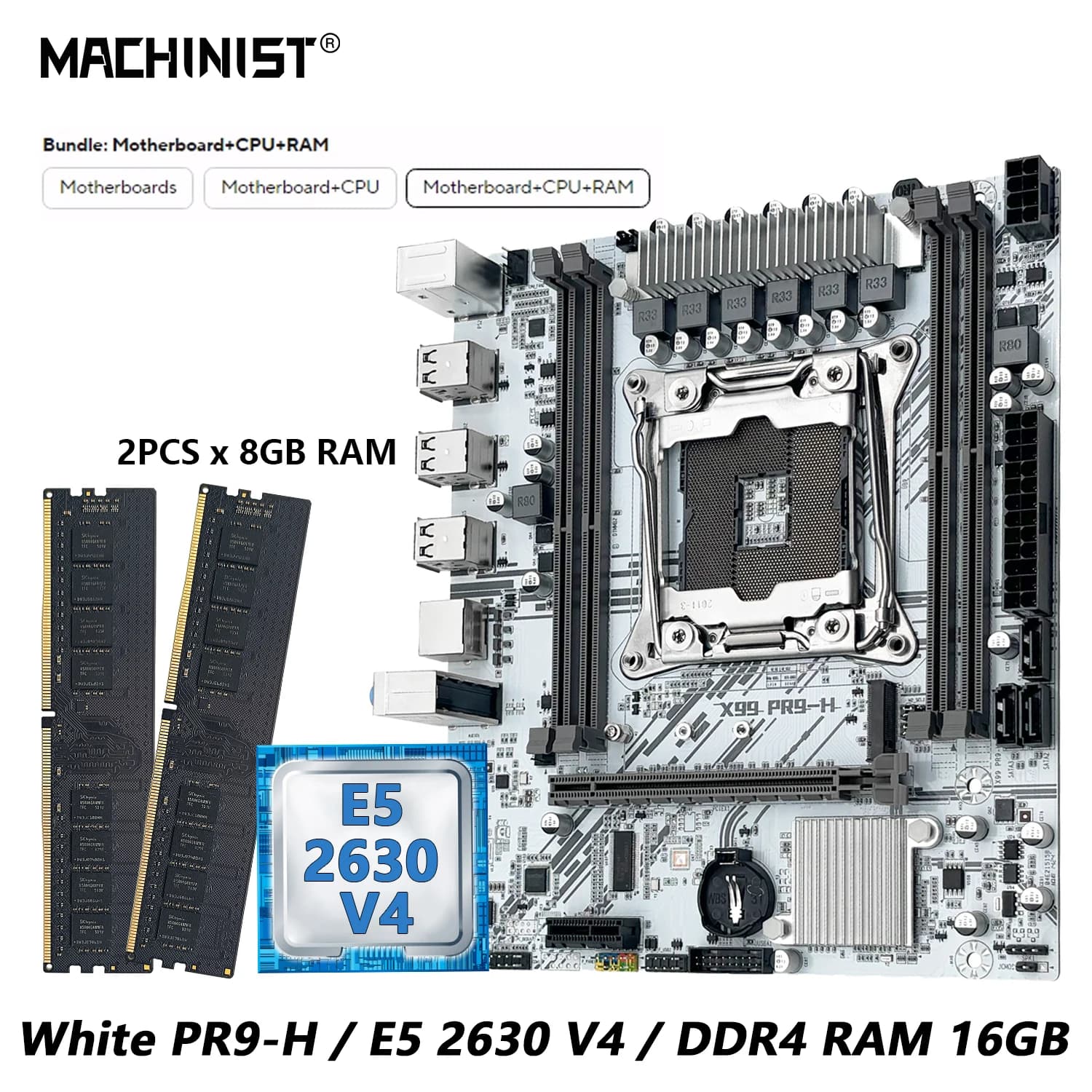 Kit Scheda Madre MACHINIST White X99 PR9-H con CPU Intel Xeon E5 2630 V4 LGA 2011-3, RAM DDR4 16GB e NVME M.2 Opzionale