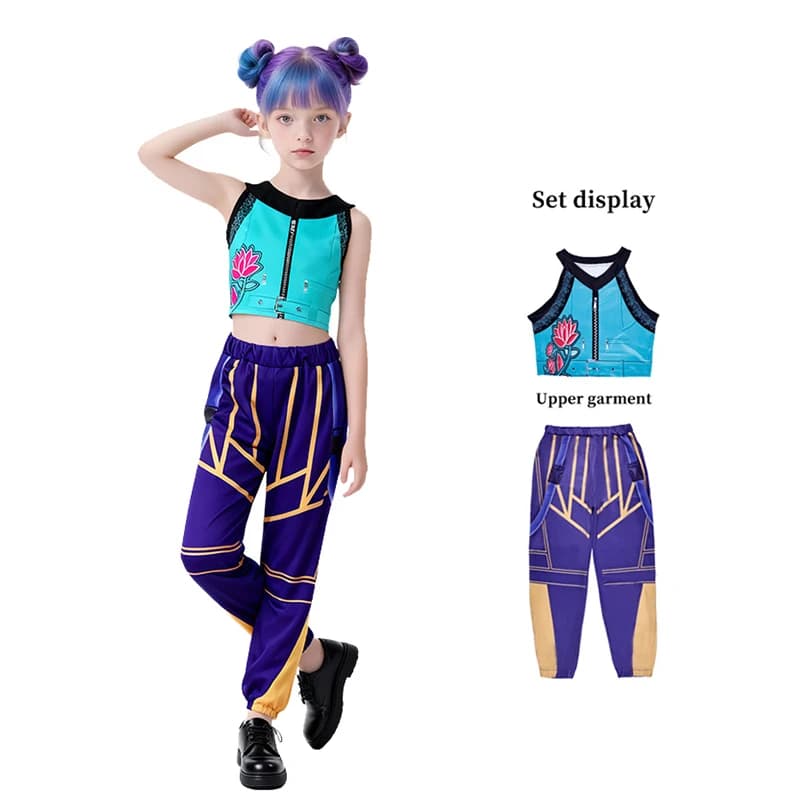 Costume di Halloween per ragazza, set da street dance con top ricamato e pantaloncini, set per performance di danza hip-hop sul palco