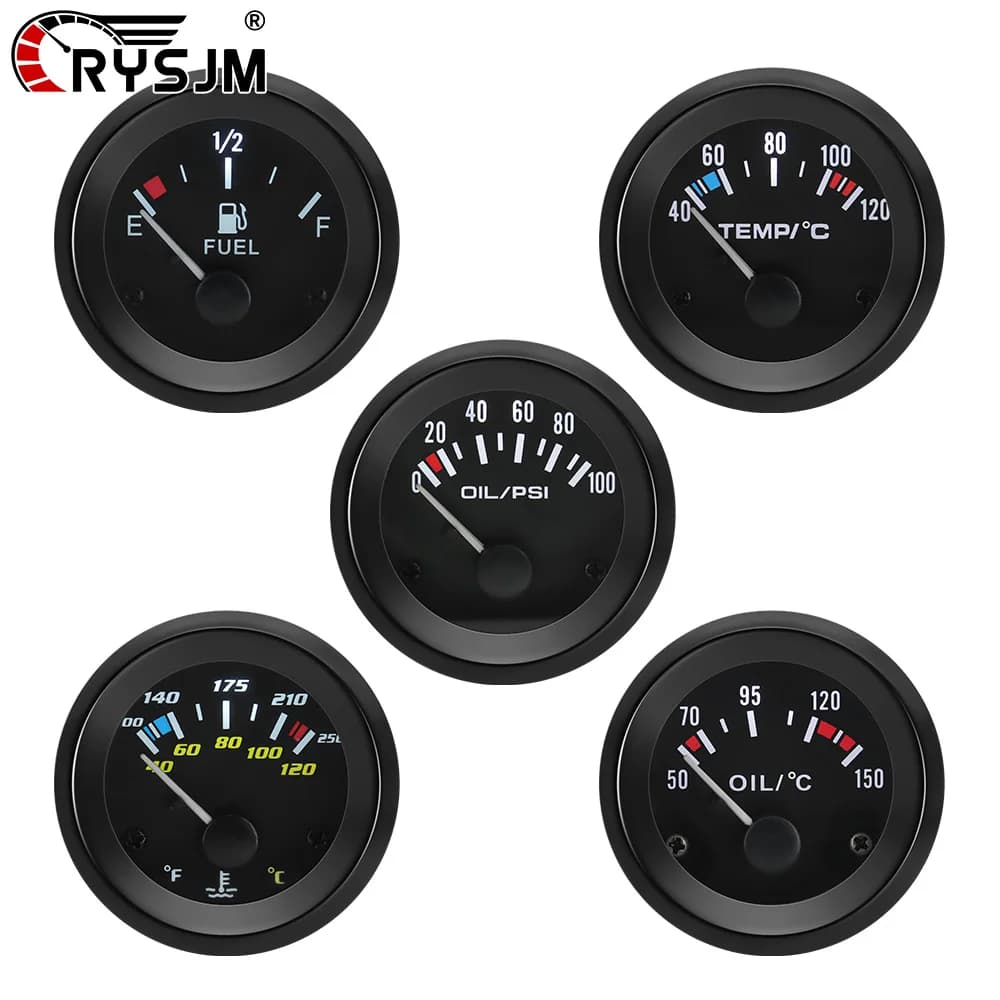 12V Universal Vehicle 2'' 52MM Oil Pressure Water Temperature Gauge Oil Temp Voltmeter Fuel Level Meter with Car Bracket Holder