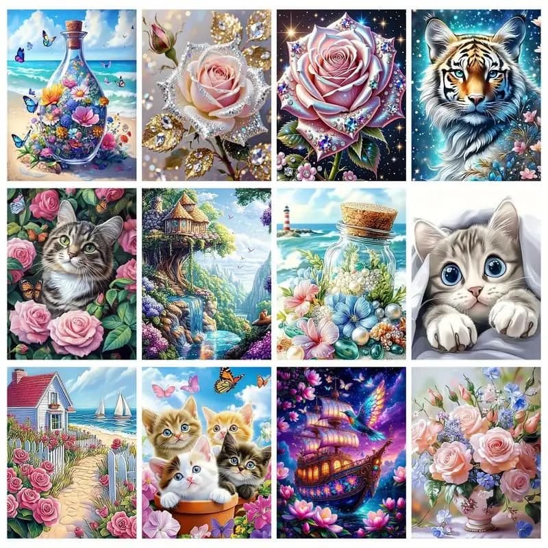 CHENISTORY Pittura a Numeri Rosa e Gatto per Adulti, Kit Fai da Te con Cornice, Quadro su Tela per Decorazione Casa