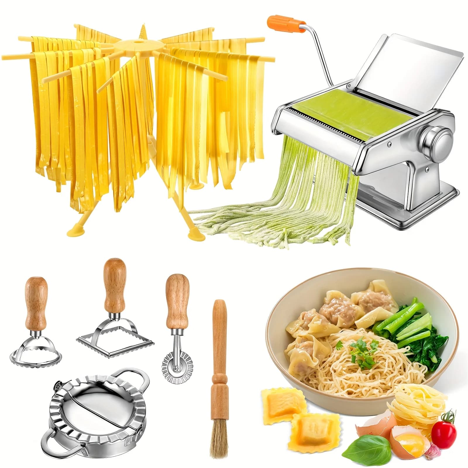 Manual Pasta Machine Featuring a Drying Rack And a Ravioli Cutter, Made of Stainless Steel with Adjustable Thickness for Various Types of Pasta Like Spaghetti, Fettuccini, Lasagna, Or Homemade Dumpling Wrappers