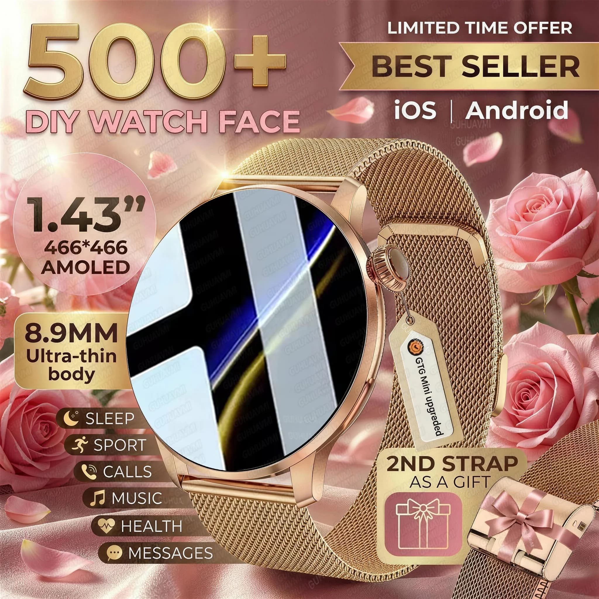 New Smartwatch 2026 for Women, Gift with Touch Screen Complete with 1,43 Inch, Sports Watch with 500+ Customizable Squares, Calls and Waterproof