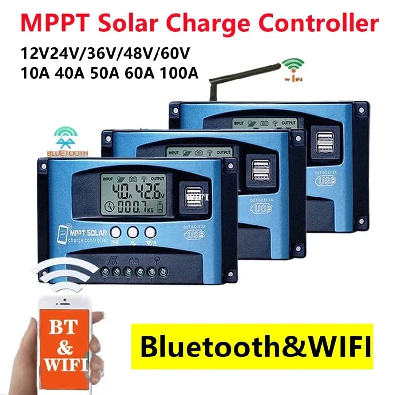 MPPT Solar Charge Controller Bluetooth&WIFI Dual USB LCD Display Solar Cell Panel Charger Regulator with Load 10A-100A
