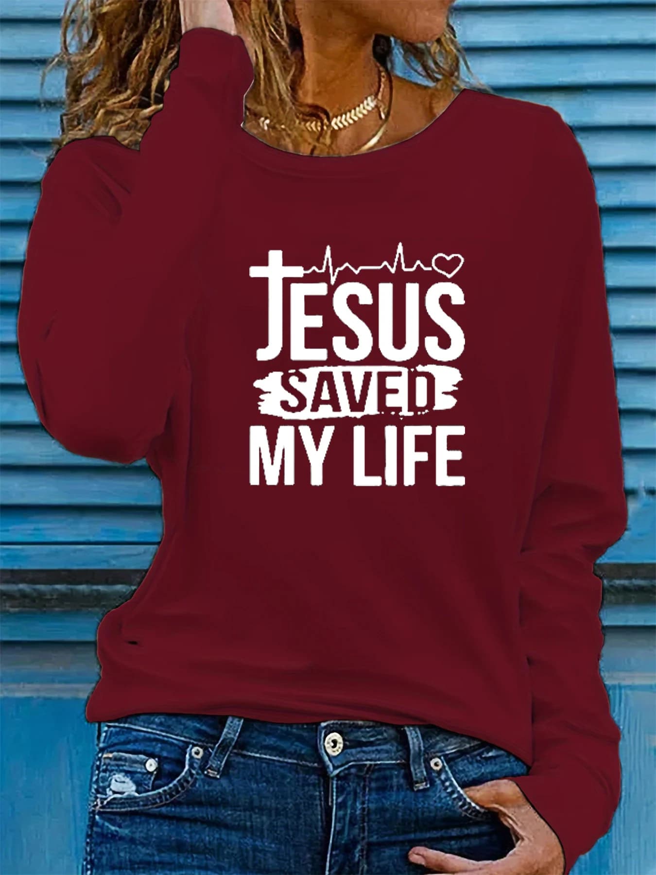 100% pure cotton women's spring and autumn comfortable casual long sleeved JESUS letter printed round neck T-shirt
