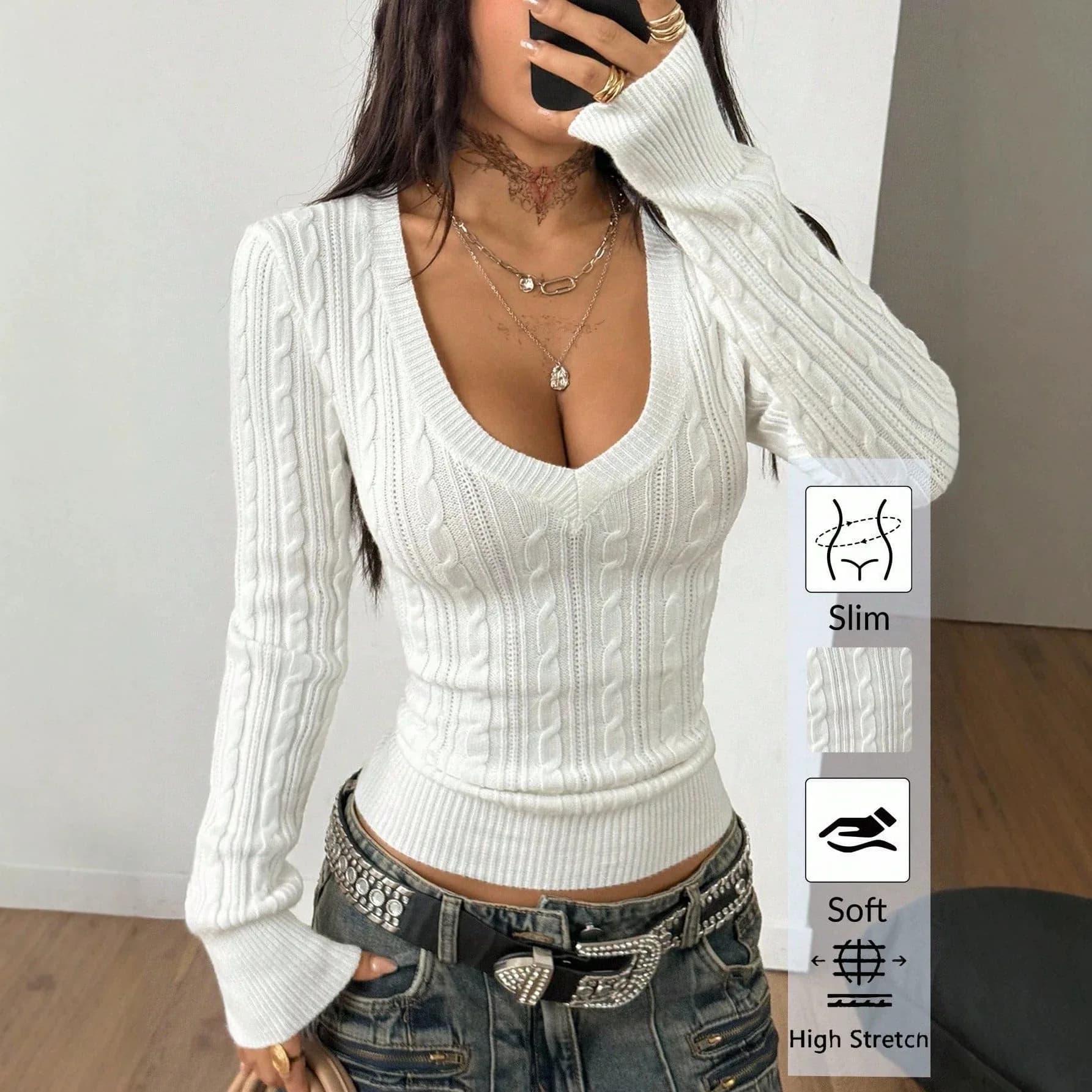 Pullovers Women Sweaters V Neck Full Sleeve Sexy Solid Vintage Short Top Y2k Streetwear Elegant Knit Casual Autumn Winter