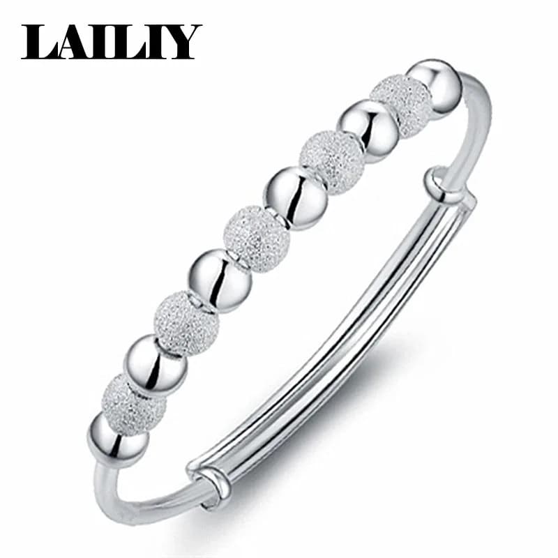 LAILIY925 Sterling Silver Push Pull Nine Spinning Adjustable Round Bead Bangle for Women Fashion Jewelry