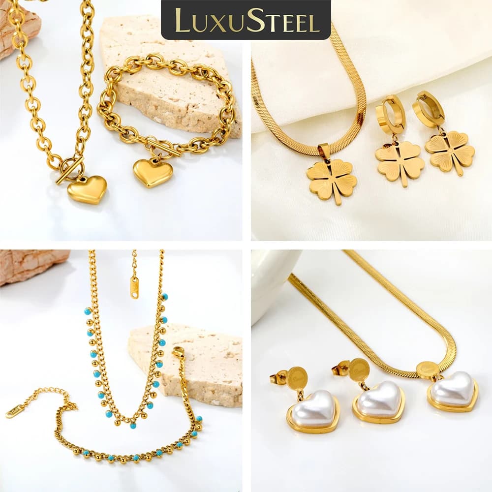 LUXUSTEEL Immitaiton Perla Cuore Pendenti Collana Set di orecchini per le donne Collana a catena in acciaio inossidabile Bracciale Set di gioielli