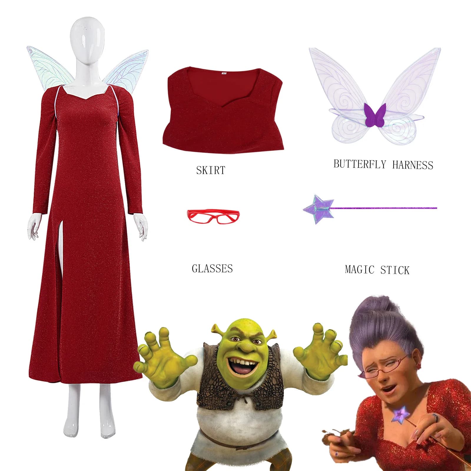 Monster Slayk Fairy Mother Costume Dress for Role-Playing, Halloween Fairy Wings Stage Performance Set