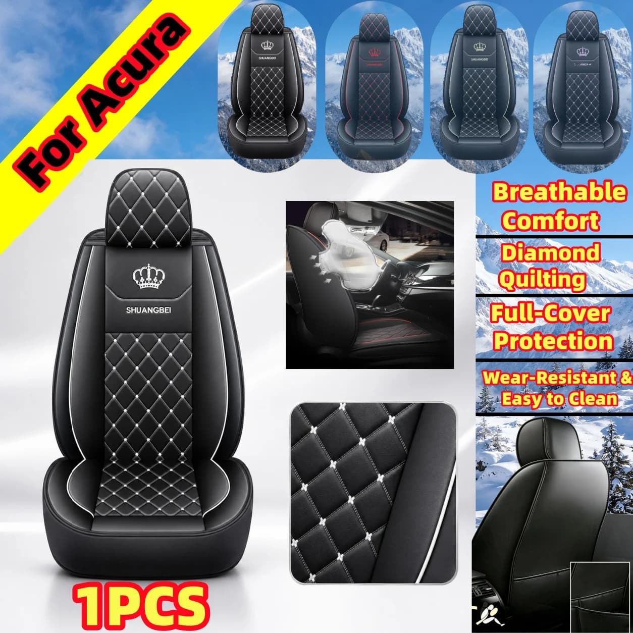 For Acura 1PCS Front Single All-Season Car Seat Cover, PU Leather Soft Cushion, Durable Comfortable Protector Cover