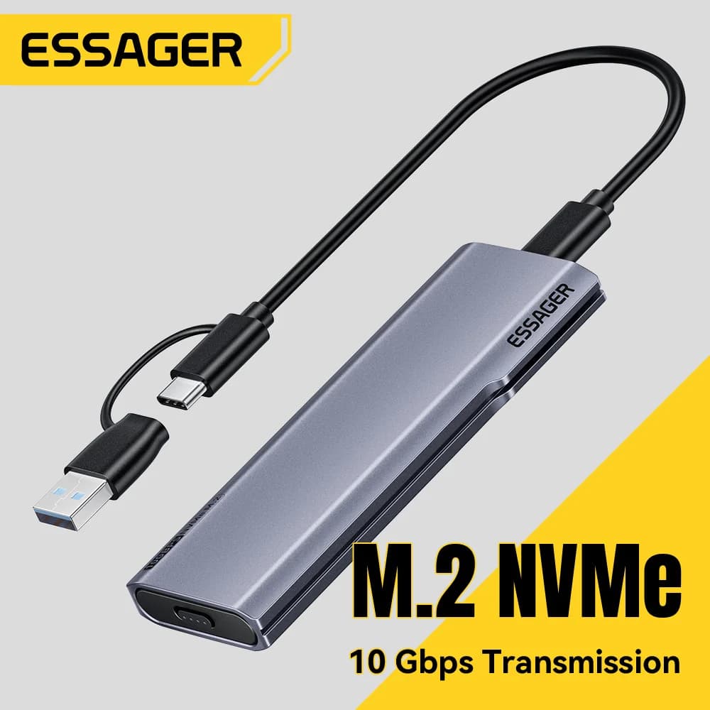 Essager M.2 NVMe SSD Enclosure Adapter 10Gbps USB 3.2 Gen2 Mobile Case 2 In 1 Type C/USB A Ports External Hard Disk Enclosure