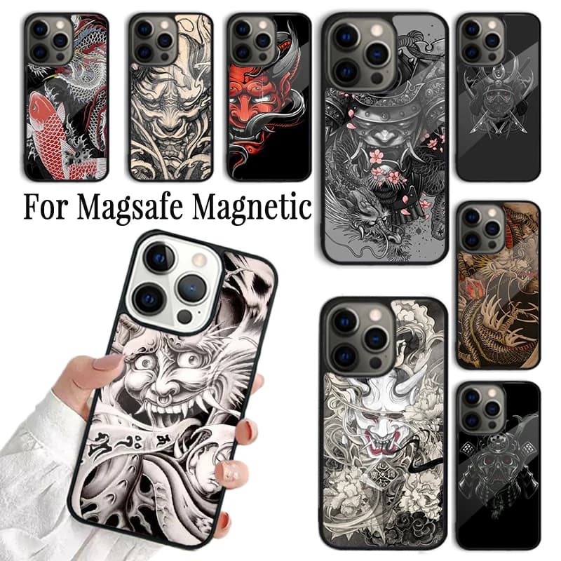 Cover per iPhone con Maschera Giapponese Hannya per iPhone 17 AIR 16 15 14 13 12 11 Pro Max Plus, Custodia Magnetica Wireless Magsafe