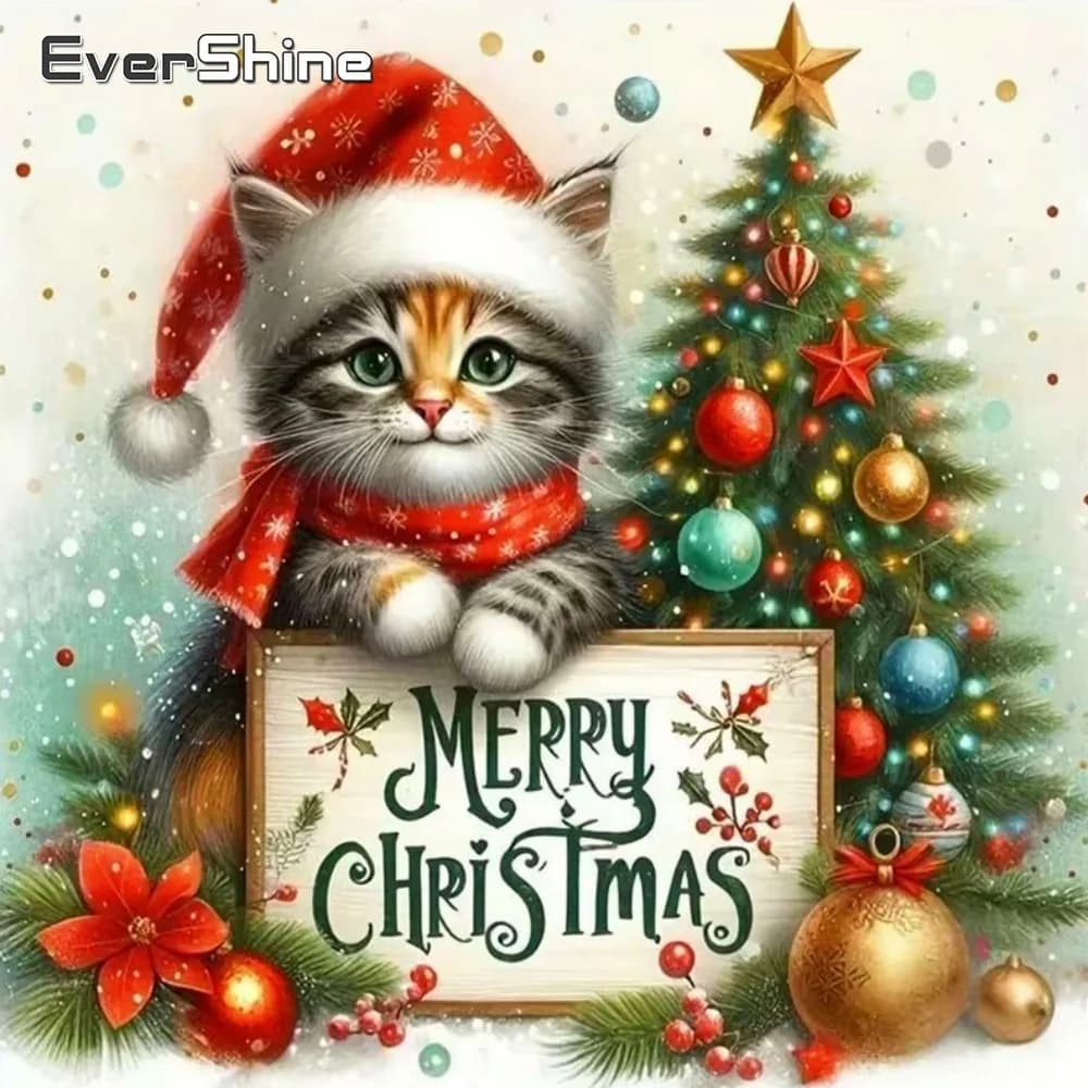 Evershine New Arrival Diamond Painting Cat Animal Rhinestones Picture Embroidery Christmas Tree Full Square Mosaic Holiday Gifts