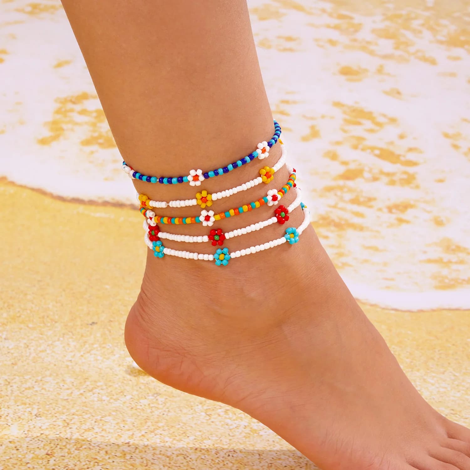 Cavigliera Bohemien with Colorful Beads Flowers for Women, Ethnic Bracelet with Flower Pendant, Foot Jewel for Beach Party