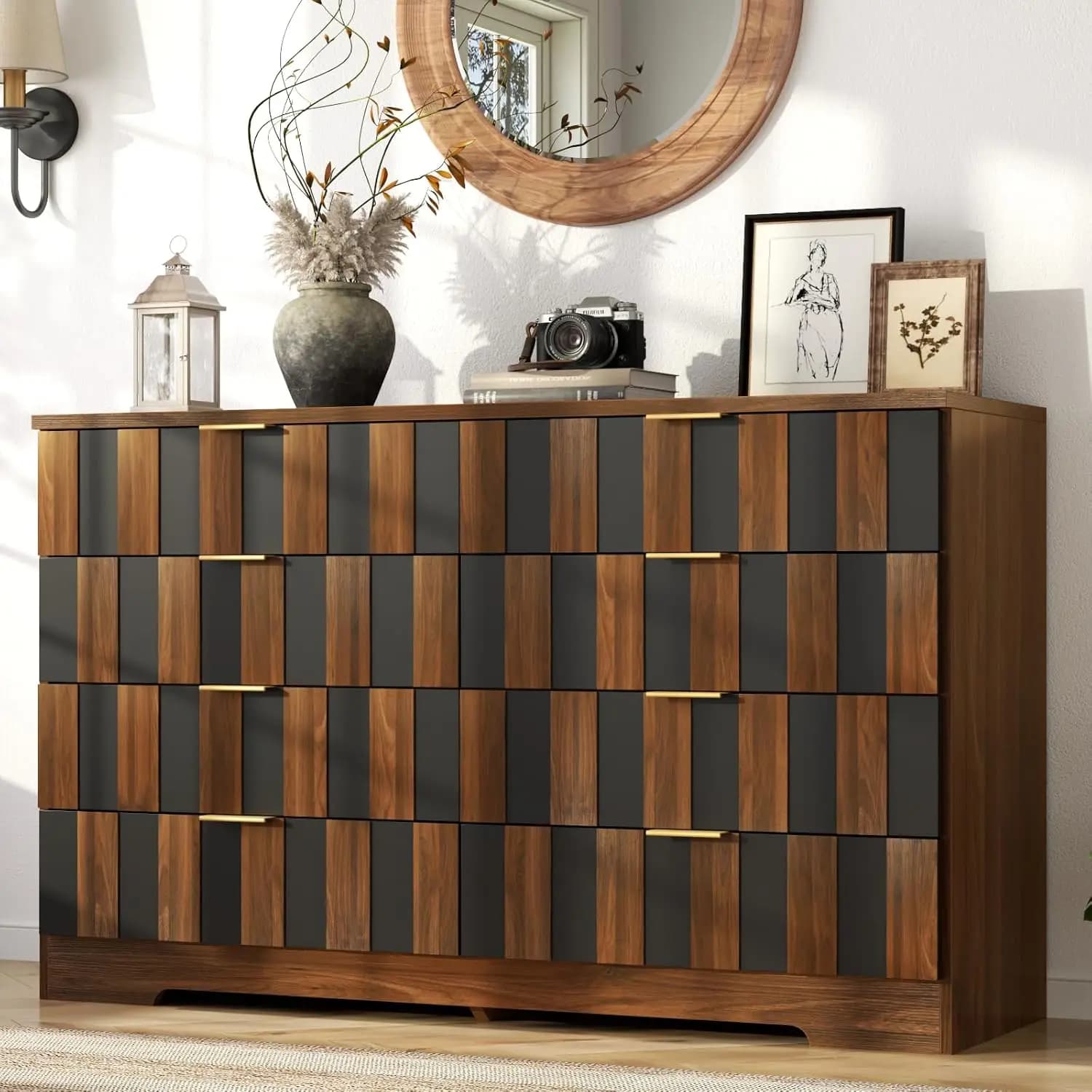 Cassettiera a 8 cassetti, larga 48 pollici, con maniglia in metallo anti-ribaltamento, mobile porta TV in legno stile Mid-Century, per soggiorno o ingresso, in noce, personalizzabile