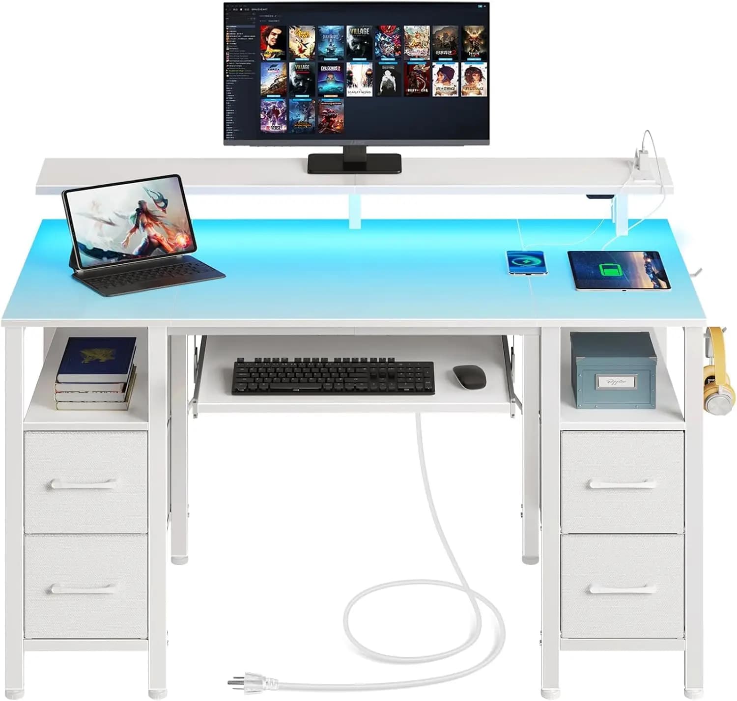 Desktop for Computer LED from 55.1 Inches with Current Grips, 4 Drawers, Keyboard Tray and Home Office Monitor Support, White