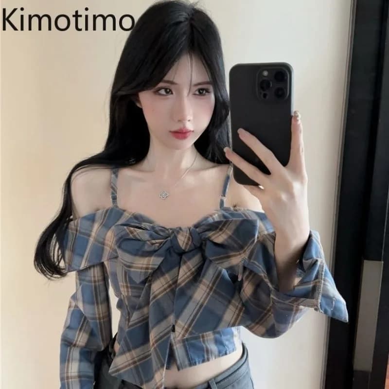Kimotimo Camicia scozzese a maniche lunghe con fiocco Donna Primavera Estate Tracolla con spalle scoperte Top corto slim fit Hotsweet Camicette Y2k versatili