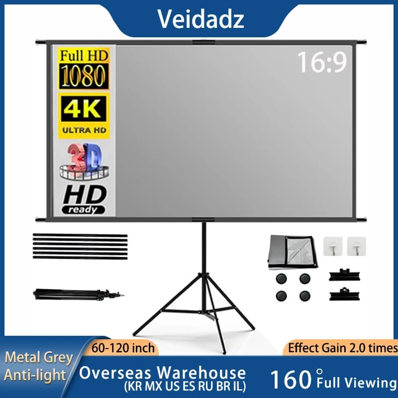 VEIDADZ Schermo per proiettore con supporto in metallo grigio anti-luce 60 84 100 120 pollici per schermo di proiezione con staffa esterna Home Theater
