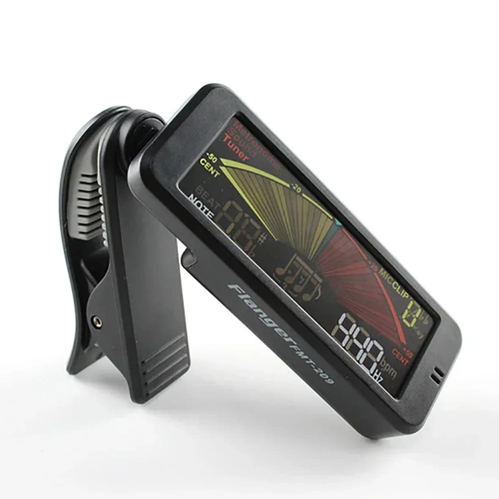 Flanger FMT-209 Accordatore clip-on per chitarra Display LCD Generatore di toni metronomo A4 Sintonizzatore di portata per chitarra basso Ukulele Banjo Violino