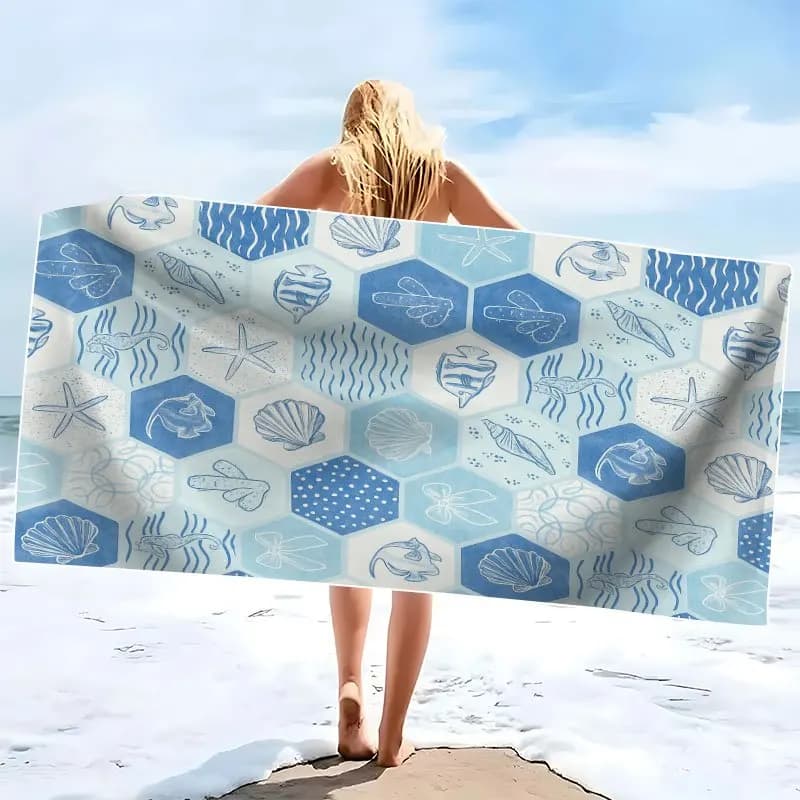 Asciugamano da spiaggia con motivo Ocean Life, 1 pezzo, in microfibra ad alta assorbenza e ad asciugatura rapida, morbido e leggero per yoga, nuoto, viaggi, blu e bianco