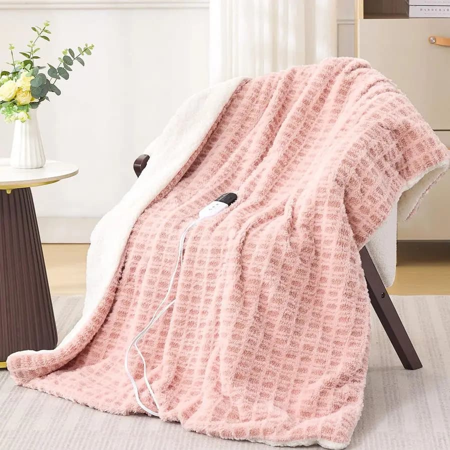 Coperta riscaldata 50x60 Coperta elettrica rosa cipria con 6 livelli di calore amplificatore 4 impostazioni timer, amplificatore in pelliccia sintetica ultra morbida Sherpa, E