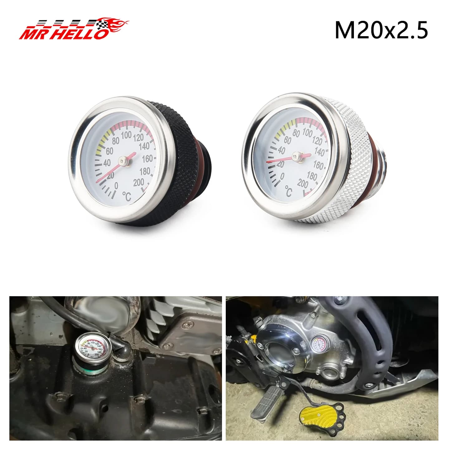 Tappi serbatoio carburante moto M20x2.5 con 0-200 ℃ Puntatori del misuratore della temperatura dell'olio Quadrante del misuratore Nero/Argento