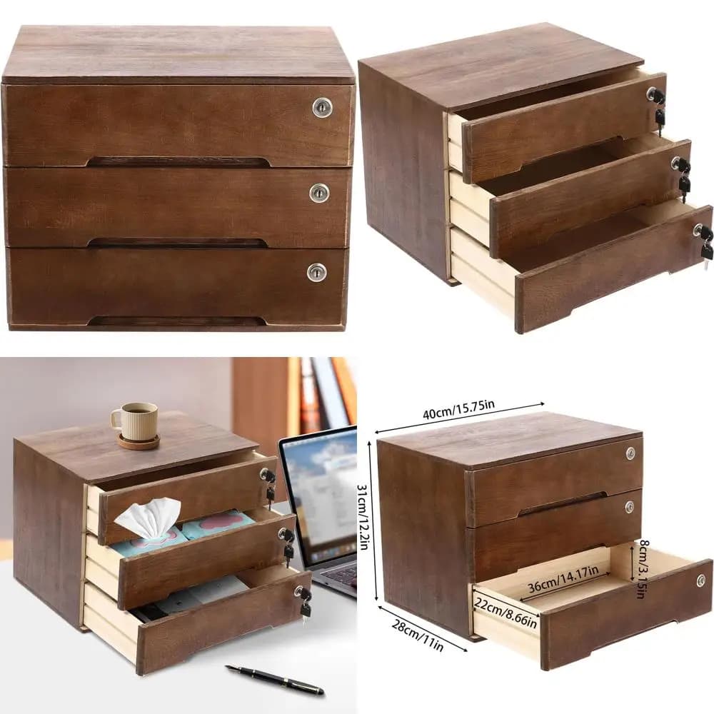 Organizzatore da Scrivania in Legno a 3 Ripiani con Cassetti Chiudibili per Ufficio, Gioielli e Cucina (Marrone)