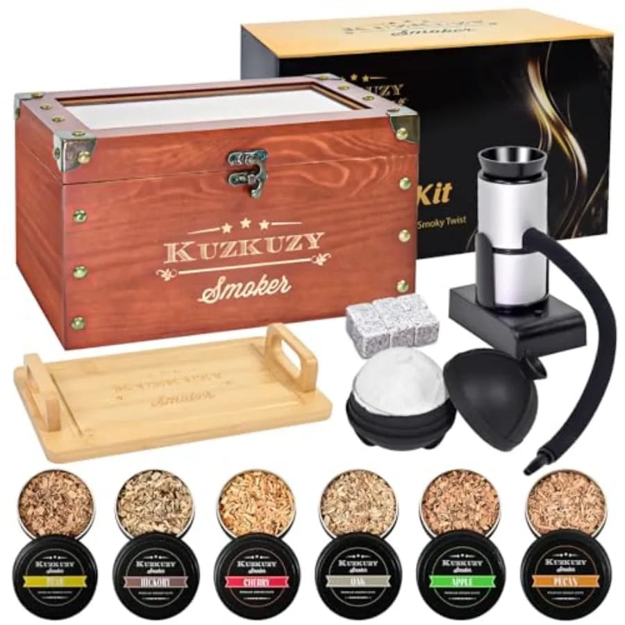 Kit Affumicatore per Cocktail - Kit Affumicatore per Whisky con Pistola Affumicatrice, Scatola Affumicatrice, 6 Tipi di Trucioli di Legno, Pietre per Whisky e Stampo per Ghiaccio - Bo