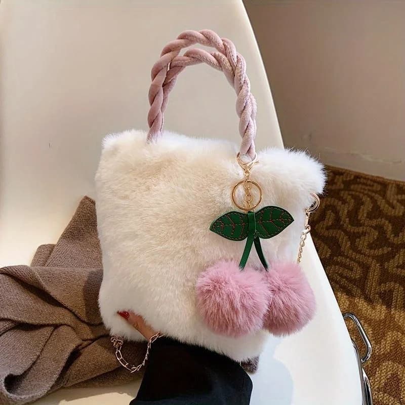 Borsa Tote in Peluche a Forma di Ciliegia, Borsa a Spalla Morbida da Donna, Borsa a Secchiello Calda Invernale, Borsetta Casual alla Moda