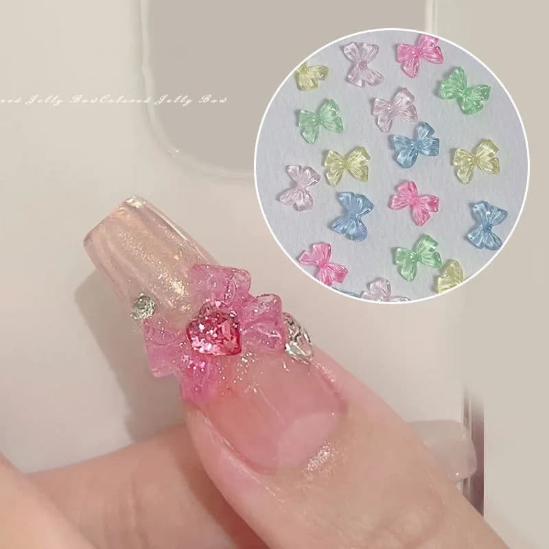 50/100pcs 3D Aurora Clear Resin Bow Nail Art Charms Cute Butterfly Glitter Nails Decoration Supplies Jewelry Accessories DIY