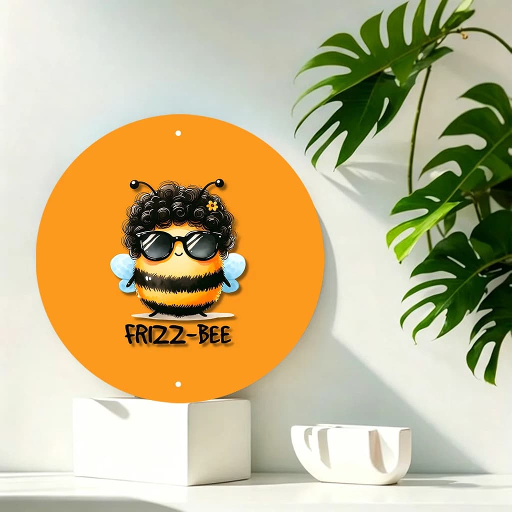 JIT 1-pc Orange background bee with sunglasses cartoon print round metal tin sign wall decor, handy hanging hardware included, this lovely metal tin sign matches dorm and living room for cozy space decoration, great present for friends