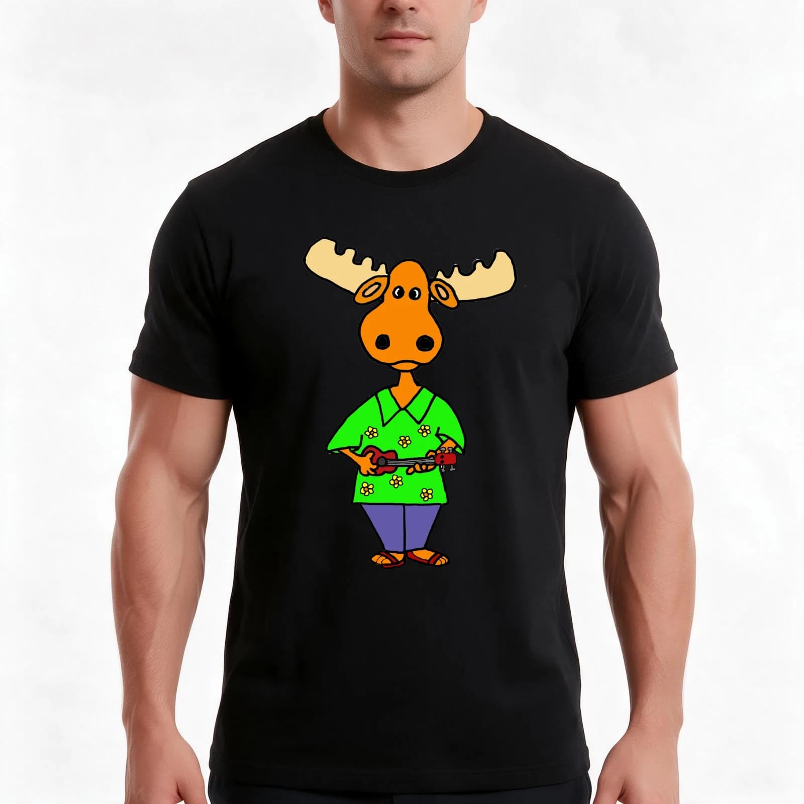 Funny Moose Playing Ukulele Music T-Shirt, Summer Casual Cotton Tee, Oversized Streetwear Tops, Vintage Graphic Print