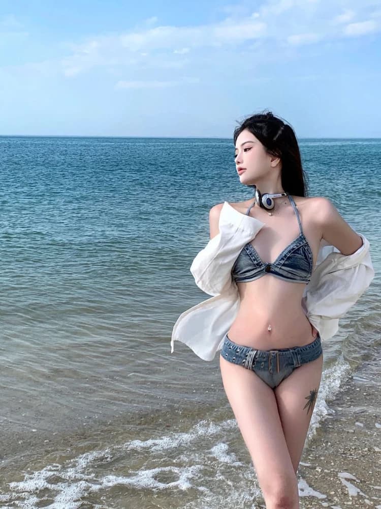 Trendy Denim Bikini Top and Bottom Set Women High Cut Cheeky Swimsuits Adjustable Spaghetti Strap Bathing Suit Holiday Beachwear