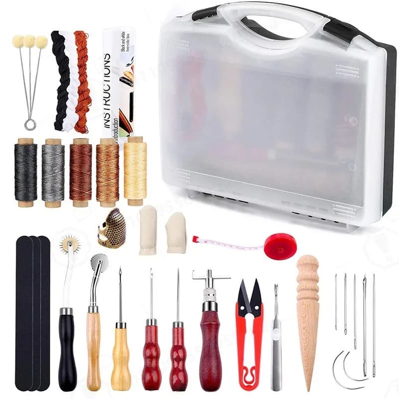 DIY Leather Craft Hand Sewing Tool Kit Basic Leather Working Set Pricking Iron Wax Thread Hole Punch for Bag Wallet Making