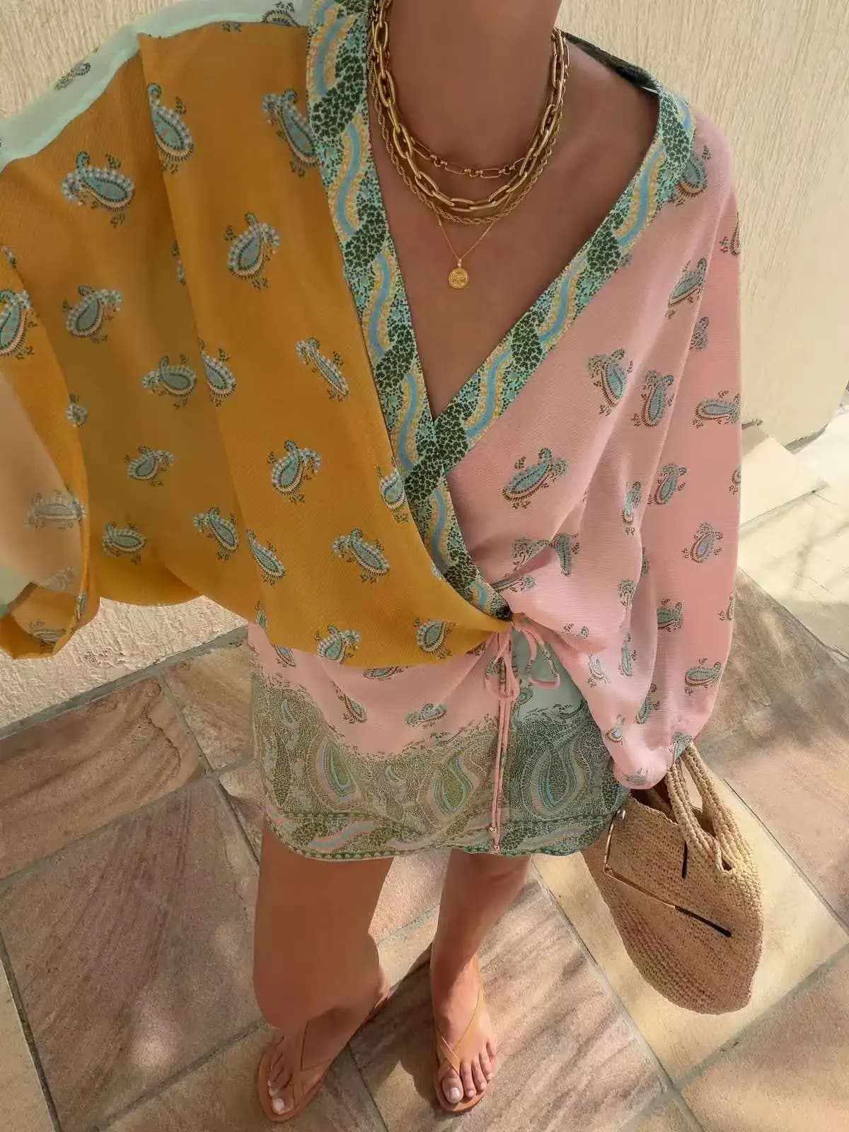 Bohemian Full-Print Transparent Silk Robe-Style Mini Dress Spring Summer New Arrival Gown Evening Party Wear Women's Fashion