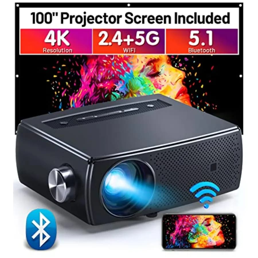 Proiettore Portatile 1080P HD 5G WiFi Bluetooth con Schermo per Home Theater Compatibile con Android/iOS/TV Stick/PS4 Supporta 4K