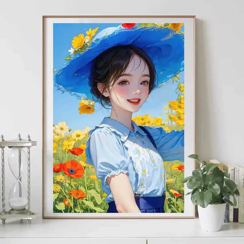 Kit Completo per Ricamo a Punto Croce con Stampa Ritratto Ragazza con Cappello Blu, Kit per Ricamo Fai da Te, Decorazione per la Casa