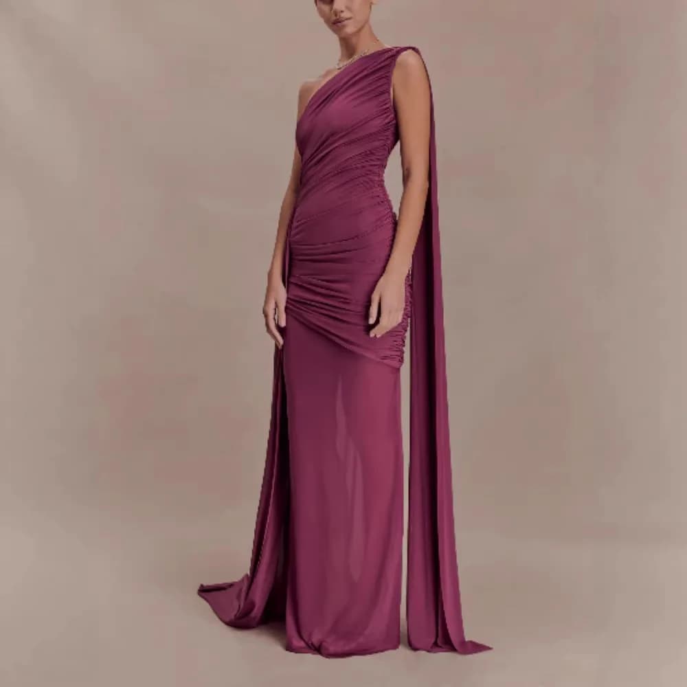 Cross-Border Women's New Style Mesh Splice Oblique Shoulder Shawl Slim Party Dress Gown High Waist Knitted Ball Gown
